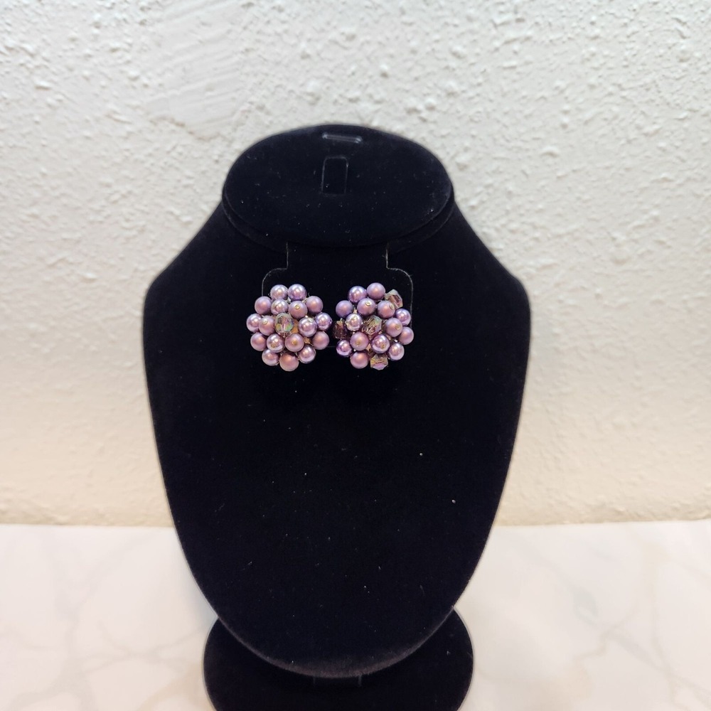Vintage Cluster Clip On Earrings Japan Purple Faux Pearl And Glass Bead 1"